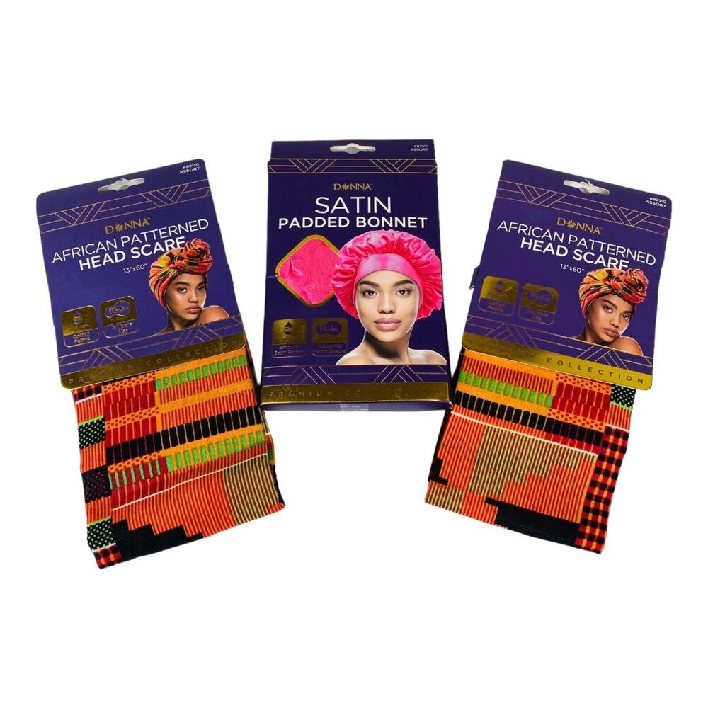 Donna African Patterned Head Scarves 13"x60" & Satin Padded Bonnet Set (3-Pack)